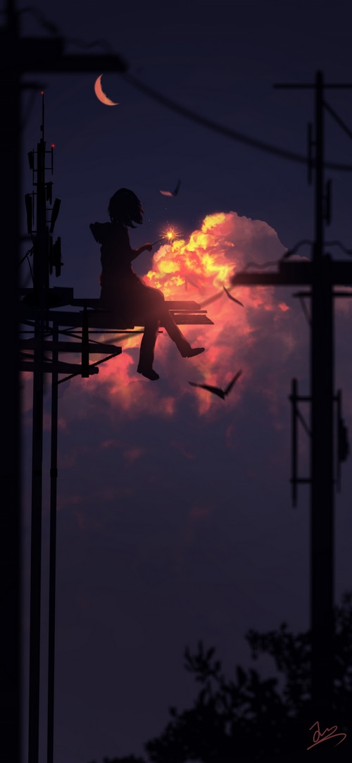 Silhouette of a person with fireworks against a sunset sky