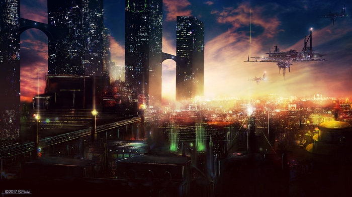 Futuristic Cityscape at Sunset with Flying Vehicles