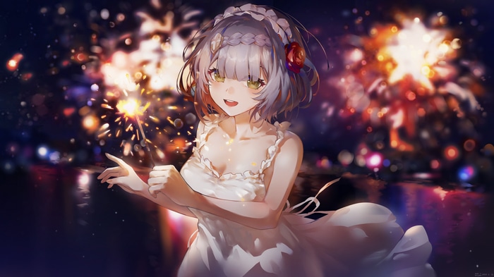 Genshin Impact Noelle with Sparklers and Fireworks