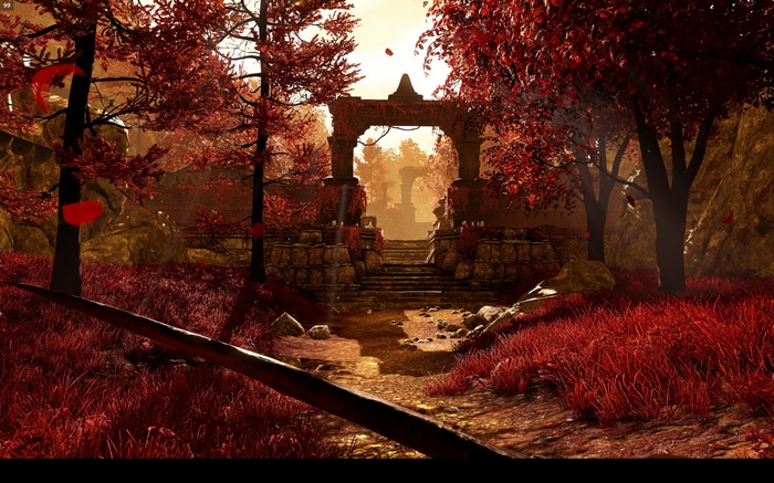 Far Cry 4 ruined temple with red foliage