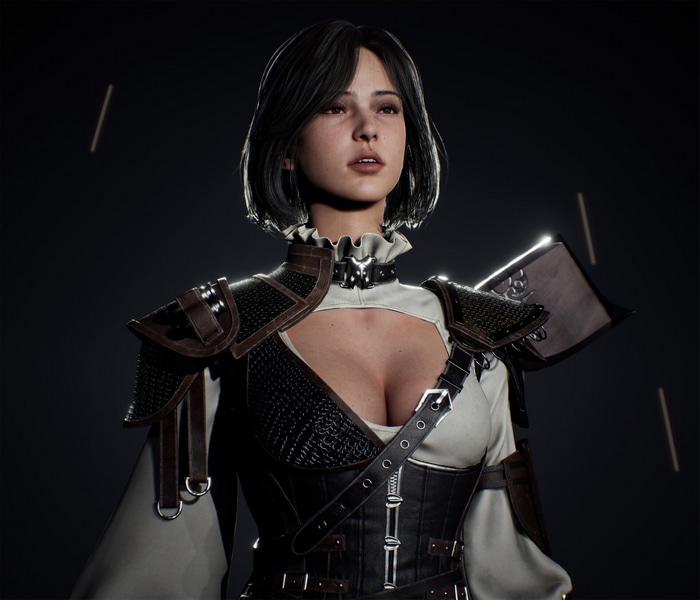 Woman with dark hair and leather armor