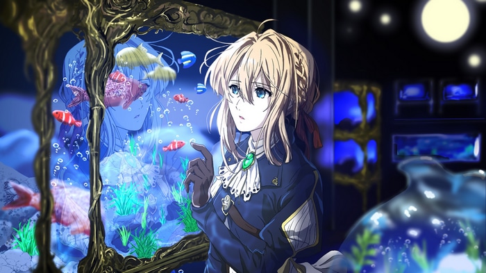 Violet Evergarden looking at fish in a tank