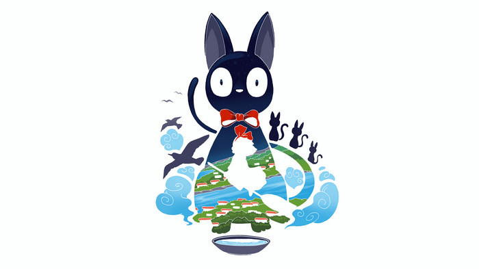 Jiji the cat with Kiki and town silhouette
