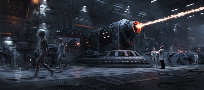 Science fiction laboratory with laser weapon