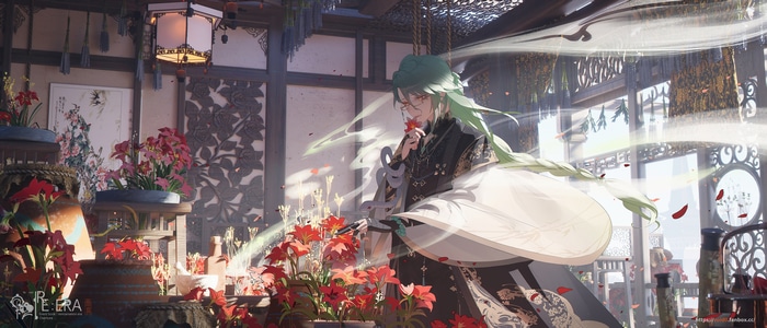 Baizhu holding a red flower in a room with flowers