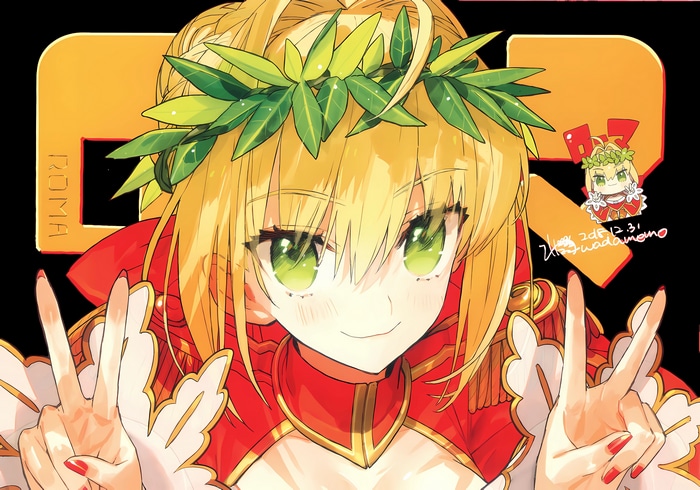 Nero Claudius with a laurel wreath and peace signs