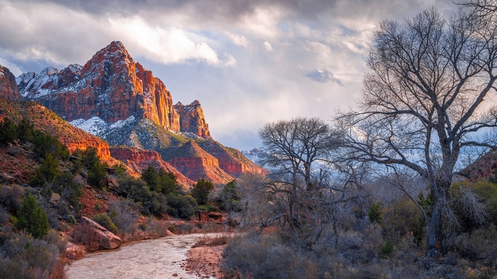 Zion National Park with snowy mountains and river