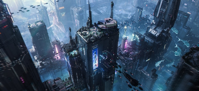 4K Futuristic Cyberpunk Cityscape with Flying Vehicles