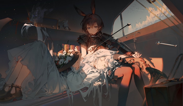 Arknights: Girl with cat ears plays violin for sleeping friend