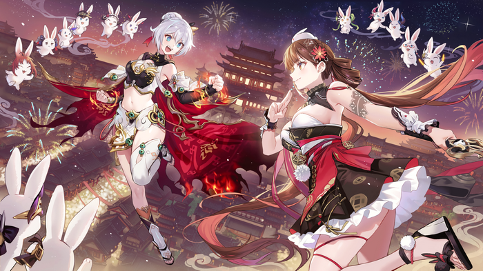 Kiana Kaslana and Li Sushang with fireworks and rabbits