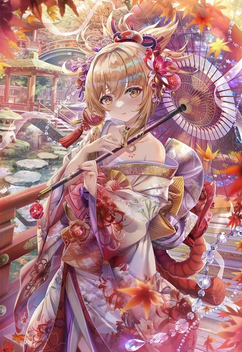 Yoimiya in Kimono with Umbrella in Autumn Garden