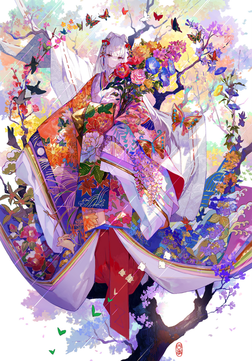 Woman in Kimono with Flowers and Butterflies