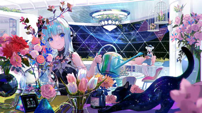 Girl with blue hair watering flowers in a space station