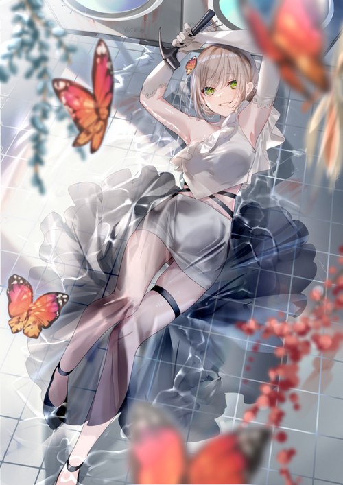 Girl with hammer and butterflies in water