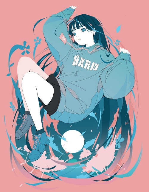 Girl in blue hoodie with HARU text