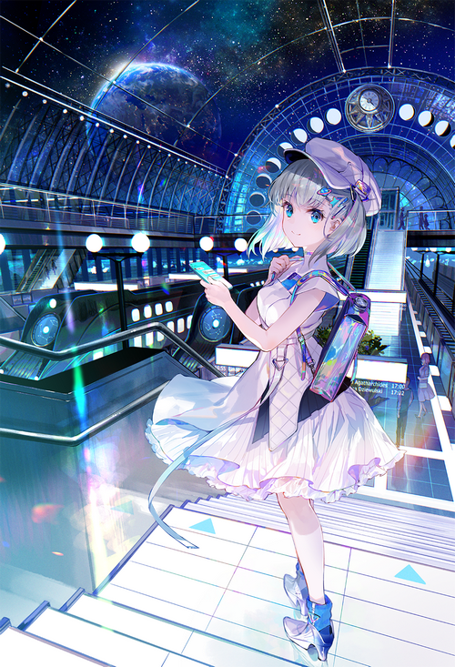 Girl with phone at futuristic train station with planet in sky