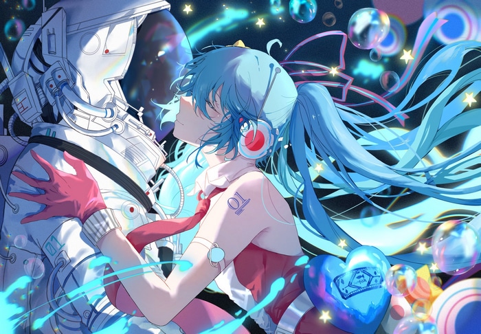 Hatsune Miku and Astronaut in Space with Bubbles
