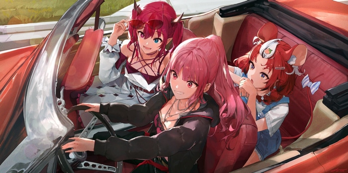 Hakos Baelz, IRyS, and Mori Calliope in a car