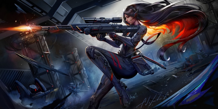 Woman with sniper rifle firing a shot