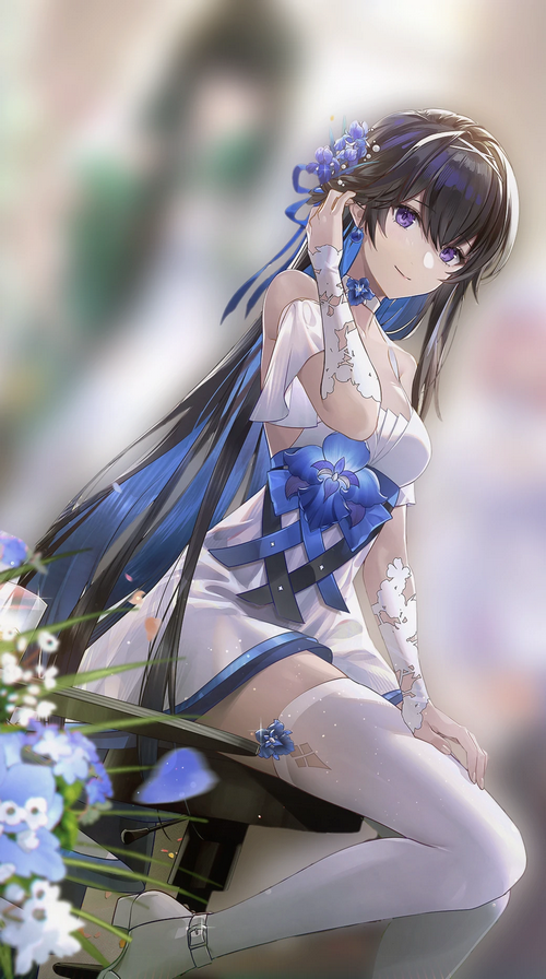 Anime girl with blue flowers in her hair