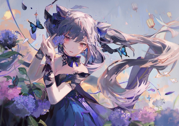 Keqing with butterflies and hydrangeas