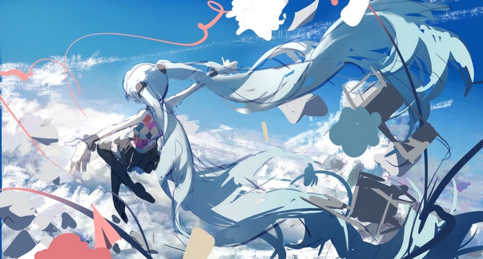 Hatsune Miku in the sky with abstract elements