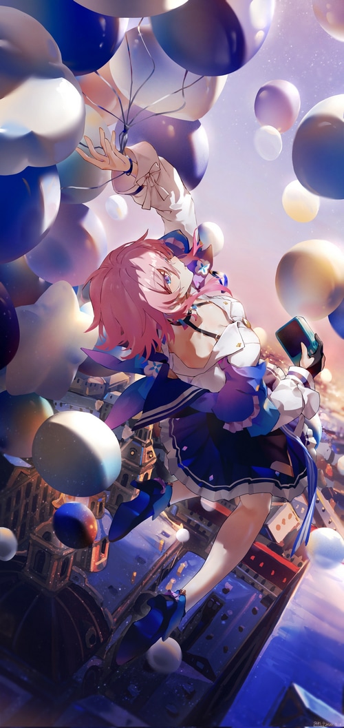 Asta from Honkai: Star Rail flying with balloons over a city