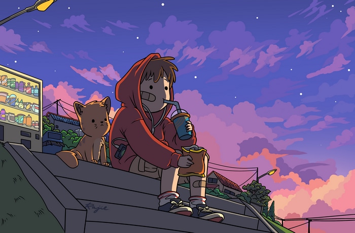 Boy and cat by vending machine at sunset