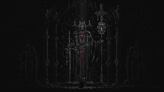 Pixel art of a skeletal king with a sword and lantern