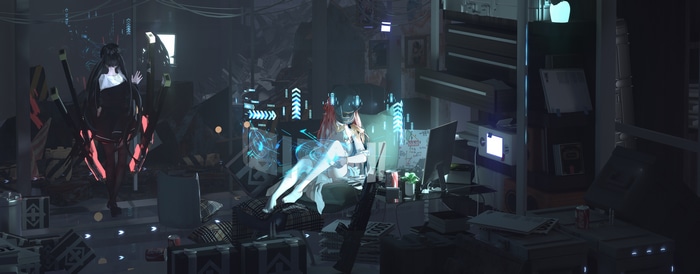 Anime girl with twintails in a futuristic room