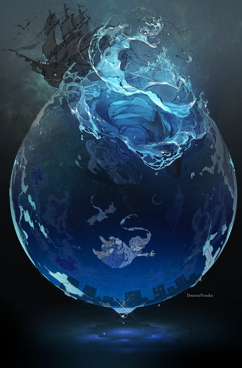 A ship and a falling figure in a water droplet world