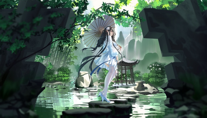 Anime girl with umbrella in a serene garden with waterfall