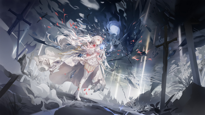 Girl in white dress with sword and dark entity