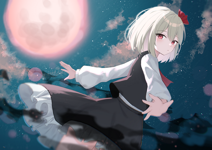 Touhou girl with red eyes under the Moon
