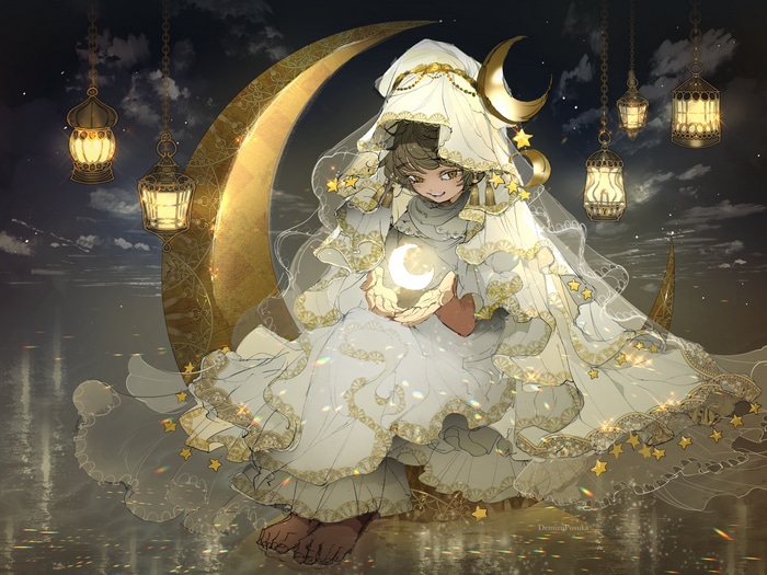 Girl in white dress sitting on crescent moon with lanterns