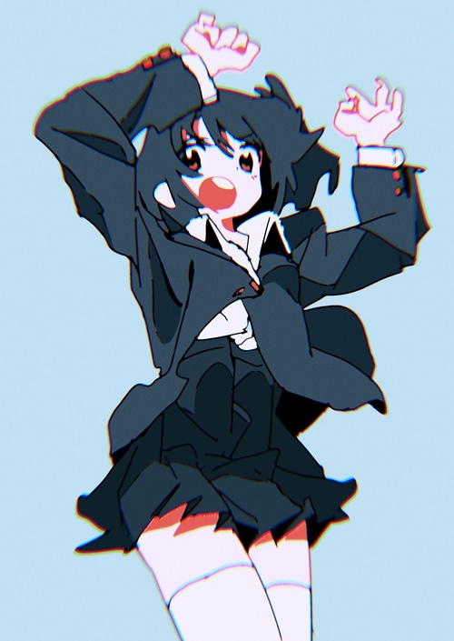 Anime girl in a dark uniform with hands raised