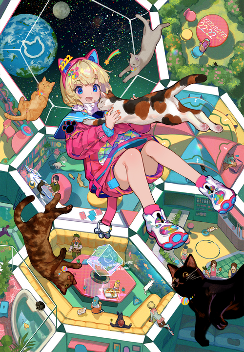 Girl with cat ears and cats in space