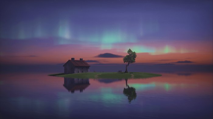 4K Island House with Aurorae and Reflection