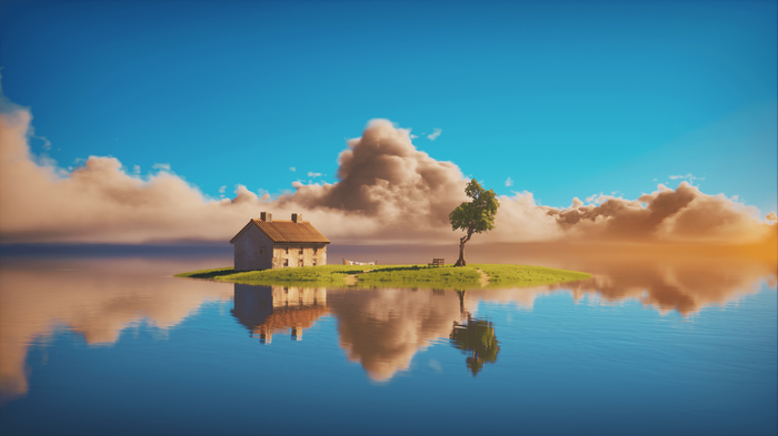 4K island house with tree and reflection