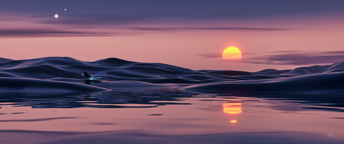 Alien Planet Sunset with Spaceship and Stars