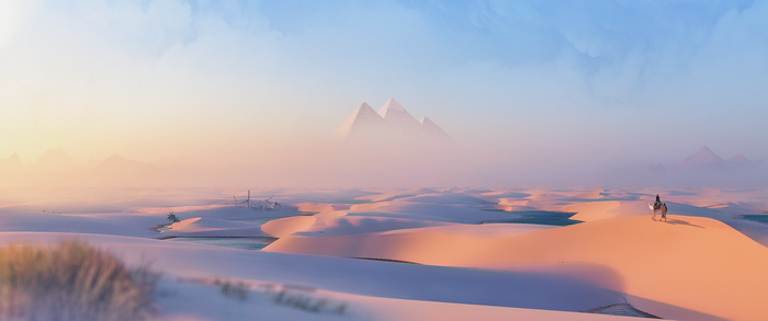 Desert landscape with pyramids and a person on a camel