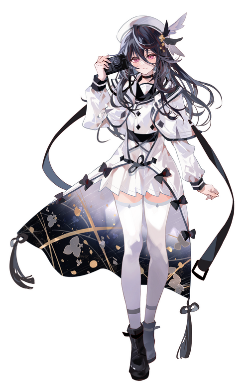 Anime girl with dark hair and pink eyes holding a camera