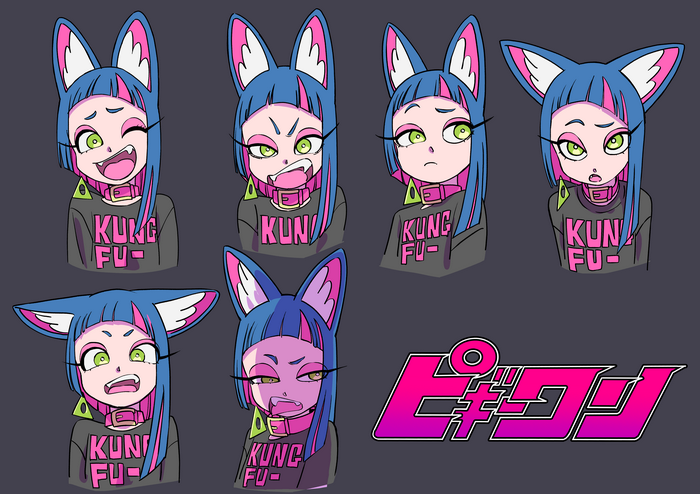 Cat girl with different expressions and Japanese text