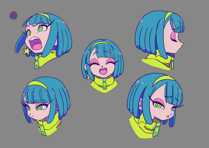 Concept art of a girl with blue hair