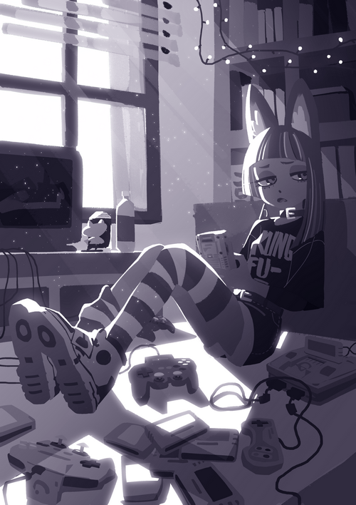 Cat girl with animal ears playing video games
