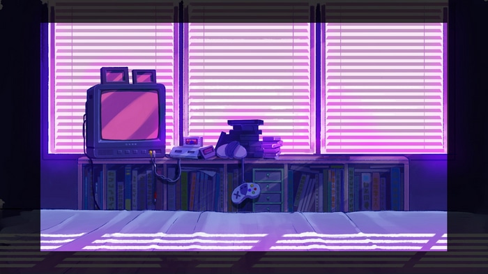 Anime room with retro TV, game consoles, and blinds