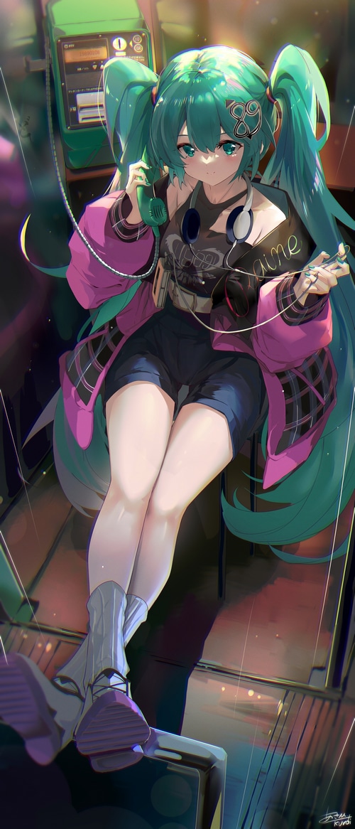 Hatsune Miku talking on a payphone with headphones