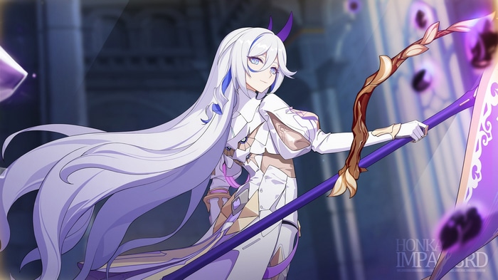 Honkai Impact 3rd character with white hair and purple accents