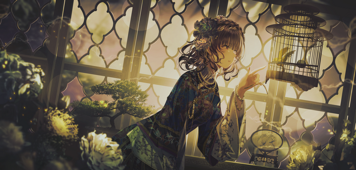 Girl in ornate dress with birdcage by window