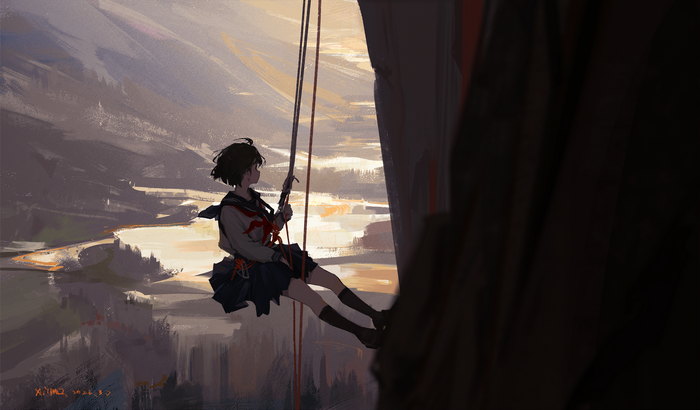 Schoolgirl rock climbing in a mountain landscape